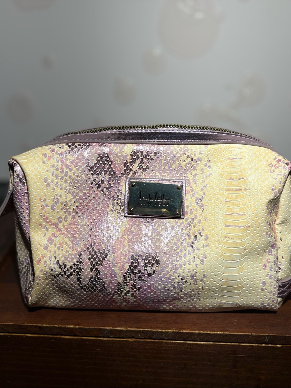 Nicole Miller New York Metallic Pastel Snakeskin Cosmetic Makeup Bag
